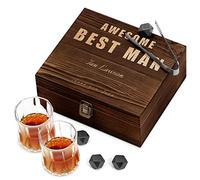 Maverton Whiskey stones set with 2 glasses for man - Chilling rocks in wooden engraved box - 8 reusable ice cubes - Present for a whiskey lover - Gift For connoisseur - Awesome