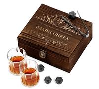 Maverton Whiskey stones set with 2 glasses for man - Chilling rocks in wooden engraved box - 8 reusable ice cubes - Present for a whiskey lover - Gift For connoisseur - Aventures