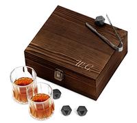 Maverton Whiskey stones set with 2 glasses for man - Chilling rocks in wooden engraved box - 8 reusable ice cubes - Present for a whiskey lover - Gift For connoisseur - Elegant