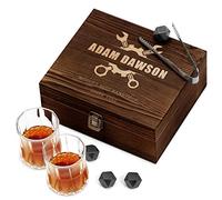 Maverton Whiskey stones set with 2 glasses for man - Chilling rocks in wooden engraved box - 8 reusable ice cubes - Present for a whiskey lover - Gift For connoisseur - Handyman