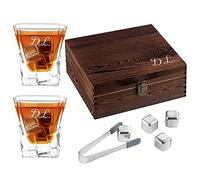 Maverton Whisky Stones & 2 Engraved Glasses Gift Set - 250ml Whisky Glasses in Personalised Wooden Box - Birthday Gift for Men - Gift idea for him - Initials