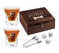 Maverton Whisky Stones & 2 Engraved Glasses Gift Set - 250ml Whisky Glasses in Personalised Wooden Box - Birthday Gift for Men - Gift idea for him - Gentleman