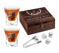 Maverton Whisky Stones & 2 Engraved Glasses Gift Set - 250ml Whisky Glasses in Personalised Wooden Box - Birthday Gift for Men - Gift idea for him - Deer