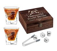 Maverton Whisky Stones & 2 Engraved Glasses Gift Set - 250ml Whisky Glasses in Personalised Wooden Box - Birthday Gift for Men - Gift idea for him - Firefighter