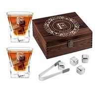 Maverton Whisky Stones & 2 Engraved Glasses Gift Set - 250ml Whisky Glasses in Personalised Wooden Box - Birthday Gift for Men - Gift idea for him - Monogram