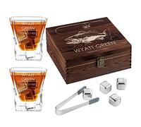 Maverton Whisky Stones & 2 Engraved Glasses Gift Set - 250ml Whisky Glasses in Personalised Wooden Box - Gift for Men - Gift idea for him - Reel