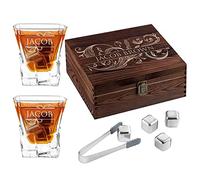 Maverton Whisky Stones and 2 Engraved Glasses - Set of 8 Stones & 250ml Whisky Glasses - Birthday Gift for Men - Gift idea for Gentleman - Name