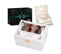 Maverton White Jewellery Box for girls - Stylish Customisable Box with your Photo - Overprinted Box for Birthday - Storage Case for Baptism - For Kid - Custimised Organiser for her - Tulips