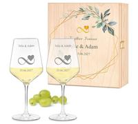 Maverton Wine Glasses Set in Wooden Box - Two 490ml Personalised White and Red Wine Glasses - Stylish for Couple - Wedding Gifts - Newlyweds and Engagement Presents - Infinity