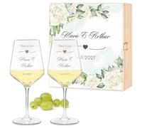 Maverton Wine Glasses Set in Wooden Box - Two 490ml Personalised White and Red Wine Glasses - Stylish for Couple - Wedding Gifts - Newlyweds and Engagement Presents - Cheers