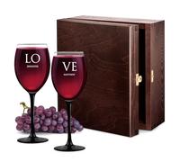 Maverton Wine Glasses with a Black stem and Base - 330ml “U” Shaped Glasses - Specific Design - Personalised Set - for Couples - Love