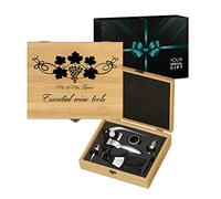 Maverton Wine Opener Accessories - Engraved Set for Couple - Wine Opening kit - Wine Tool Set in Bamboo Box - Personalised Wine Gift Set for Marriage - Grapevine