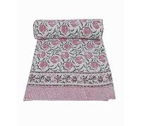 MAVISS HOMES Indian Cotton Handmade Kantha Quilt Hand Block Printed Kantha Boho Bedsheet Bedspread Quilt Kantha Queen/Twin Size Vintage Summer Sofa Cover Blanket BedCover (Pink White Kaddu, Queen)
