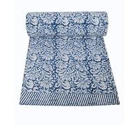 MAVISS HOMES Indian Hand Block Print Kantha Quilt - Queen Size Bedspread, White Cotton Throw Bedding (90 X 108 Inch, Blue)
