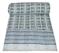 MAVISS HOMES Indian Hand Block Print Kantha Quilt - Queen Size Bedspread, White Cotton Throw Bedding (90 X 108 Inch, Green)