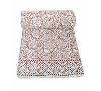 MAVISS HOMES Indian Hand Block Print Kantha Quilt Queen Size Bedspread White Cotton Throw Bedding (Queen 90 X 108 Inch, Brown)