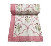 MAVISS HOMES Indian Hand Block Print Kantha Quilt Queen Size Quilt Kantha Bedspread White Quilt Cotton Kantha Throw Bedding (Twin 90 X 60 Inch, Pink)
