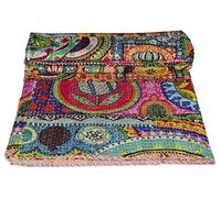 MAVISS HOMES Indian Hand Block Print Kantha Quilt Queen Size Quilt Kantha Bedspread White Quilt Cotton Kantha Throw Bedding (Multicolor1, Twin 90 X 60 In)
