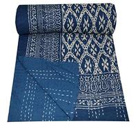 MAVISS HOMES Indian Hand Block Print Kantha Quilt Queen Size Quilt Kantha Bedspread White Quilt Cotton Kantha Throw Bedding (Blue 3, Twin 90 X 60 In)