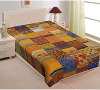 MAVISS HOMES Indian Hand Block Print Kantha Quilt Queen Size Quilt Kantha Bedspread White Quilt Cotton Kantha Throw Bedding (Yellow, Twin 90 X 60 In)