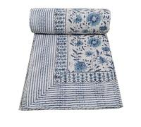 MAVISS HOMES Indian Hand Block Print Kantha Quilt - Queen Size White Cotton Bedspread Throw (90 X 108 Inch)