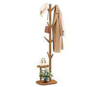 Mavivegue Wooden Coat Stand with 8 Hooks and Storage Shelf,Solid Wood Base, 168CM Tall Freestanding Coat Rack for Coats, Hats, Bag in Entryway, Bedroom, Living Room, Brown (Caramel Brown)