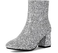 MAVMAX Women's Sequin Glitter Ankle Boots Chunky Heels Sparkly Booties, Silver, 8 UK