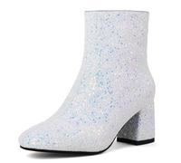 MAVMAX Women's Sequin Glitter Ankle Boots Chunky Heels Sparkly Booties, White Silver, 7 UK