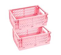 Mavolus 2 Pack Plastic Storage Collapsible Crate Organizer Basket Bin for Organizing Desk Drawer Shelf for Home Kitchen Bedroom Bathroom and Dorm Storage, 9.8x6.5x3.8in, Pink