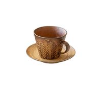 MAWERDCXG Breakfast Latte Coffee Cup 230ml Retro Style Wheat Ear Pattern Coffee Cup and Saucer Set, Rustic Pottery Latte Art, Homemade Milk Hot Chocolate Breakfast Mug