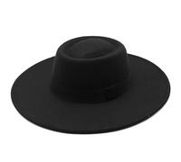 Mawjom Wide Brim Panama Fedora Hat - Warm Felt Flat Top Pork Pie Cap for Women Men, Black, M/L