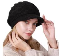 Mawjom Women Visor Knit Beanie Hat - Warm Winter Visor Brim Slouchy Beanie Cap, Black, M/L