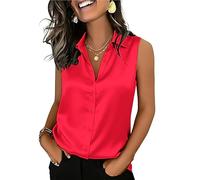 Mawor Womens Silk Satin Sleeveless Button Down Shirts Blouses Solid Casual Loose V Neck Classic Tank Tops for Work Office, Red, XS