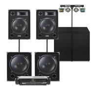 MAX 15" Passive DJ Speaker System with Subs, Amplifier, DJ Booth, Party Lighting & Cables - 3000W Complete PA Setup for Mobile DJs and Events