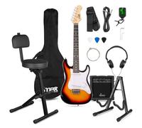 MAX 3/4 Junior Electric Guitar Package with Amplifier, Adjustable Musicians’ Stool & Universal Stand - Complete Sunburst Beginner Kit for Kids & Adult Starters with Accessories, Case & Practice Tools