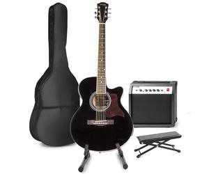 Max Black Beginner Electric Acoustic Guitar Starter Kit with Amp, Footstand, Instrument Stand and 6 Months Online Lessons Included
