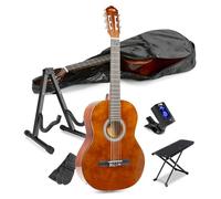 MAX Classical Acoustic Guitar Starter Set with Stand, Tuner, Gig Bag, Foot Rest, Strings, SoloArt Dark Natural