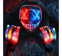 Max Fun Halloween Mask Luminous Gloves for Halloween Costume Cosplay Party LED Lights Scary Masks with 3 Lighting Modes Hacker Cosplay Lighted Face Masks for Halloween Party Masquerade Party (Red