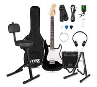 MAX GigKit 3/4 Junior Electric Guitar Complete Pack with Musicians' Stool & Universal Stand, Beginner Starter Set for Kids, Comfortable Practice Solution, 20W Amp, Case, Accessories - Black