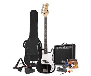 Max GigKit Beginner Bass Guitar Pack - Full-Size Electric Learner Bass Guitar Starter Set in Black, 40W Amp, Bag, Strap, Tuner, Lessons & Accessories Included - Ideal Starter Pack for Beginners
