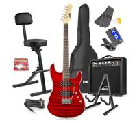 MAX GigKit Beginner Electric Guitar Kit - Dark Red Quilt Top with 40W Amplifier, Folding Guitar Stool, Stand & Starter Pack Accessories