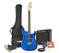 Max GigKit Beginner Electric Guitar Pack, Quilted Top, Blue - Complete Starter Kit with Amplifier & Cleaner for String Maintenance, Full-Size Guitar, Accessories, perfect for Aspiring Players