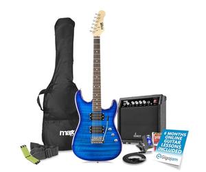 Max GigKit Beginner Electric Guitar Pack, Quilted Top, Blue - Complete Starter Kit with Amplifier & Cleaner for String Maintenance, Full-Size Guitar, Accessories, perfect for Aspiring Players