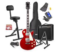 Max GigKit Beginner Electric Guitar Pack, SC-Style Dark Red Guitar, 40W Amp, Portable Guitarist Stool with Backrest & Foldable Guitar Stand, Complete Starter Set with Accessories