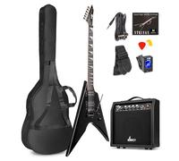 Max GigKit Beginner Electric Guitar Package with Amplifier, Tuner, Strap, Bag & Strings Set - V Style Black