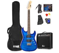 Max GigKit Beginner Electric Guitar Starter Kit, Dark Blue Quilt Top, Amp | 40W amplifier, HH humbuckers, tremolo arm, 22-fret rosewood board, gig bag, tuner, picks