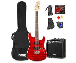 Max GigKit Beginner Electric Guitar Starter Kit - Quilt Top Full-Size 22 Fret Electric Guitar, 40W Amplifier, Accessories & Online Lessons Included - Dark Red Finish