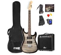 Max GigKit Beginner Electric Guitar Starter Kit with Quilt Top Finish, 40W Amplifier, Dual HH Humbuckers, 22 Frets, Tremolo Arm & Accessories - Gloss Black