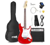 Max GigKit Beginner Electric Guitar Starter Kit, Red, 40W Amp | S-style design, digital tuner, gig bag, strap, tremolo arm, picks, cable