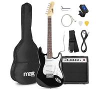 Max GIGKIT Beginner Electric Guitar Starter Pack, Black, S-Style, 40W Amp | Amplifier, 21 frets, three aingle coil pickups, EQ, headphone jack, soft case & accessories